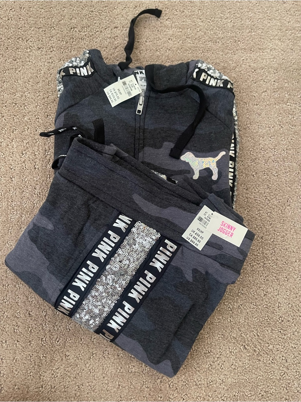 PINK Victoria's Secret Charcoal Camo Skinny Jogs Set with Logo Tape - Picture 5 of 5